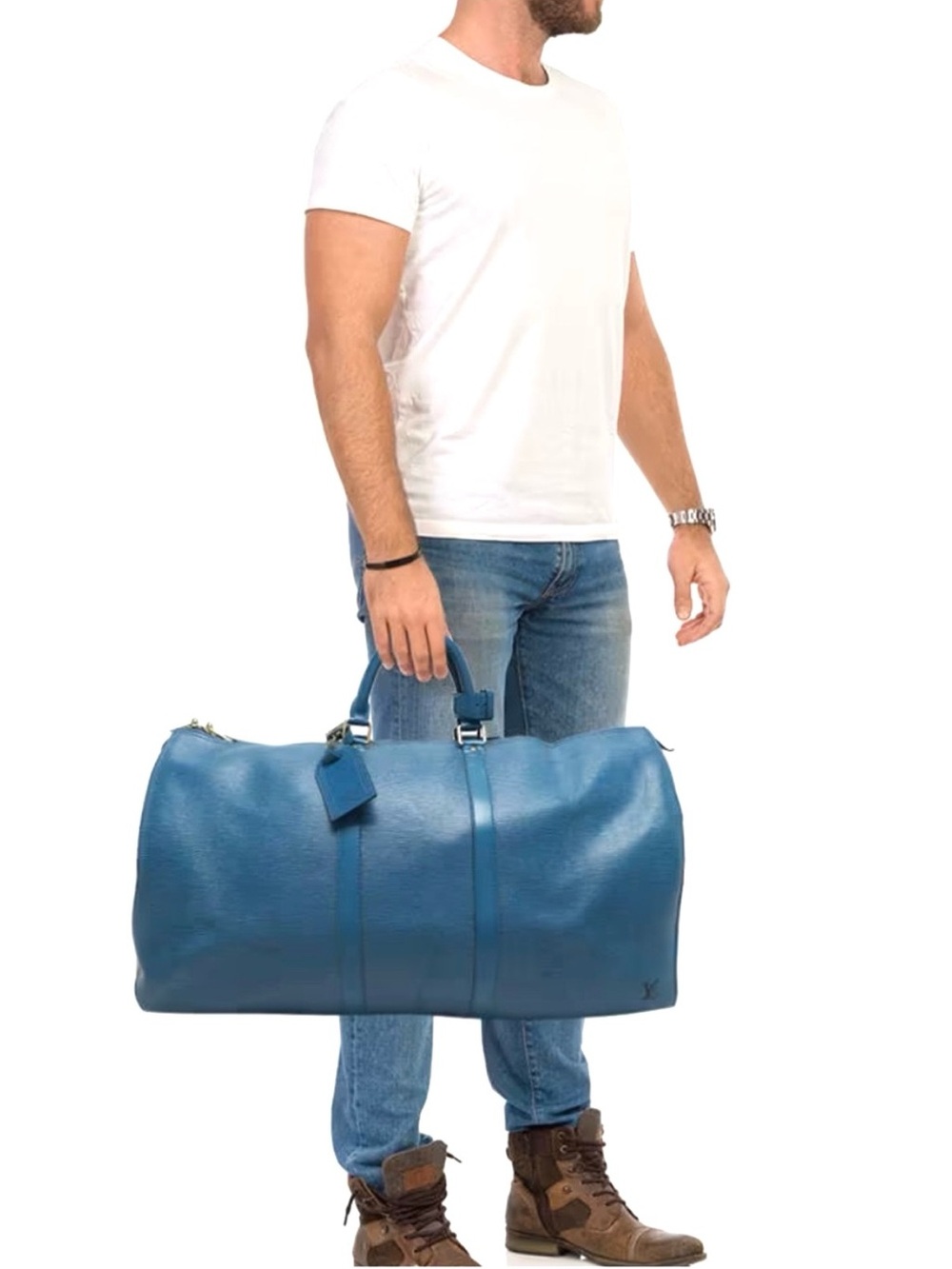 Authentic Louis Vuitton unisex Keepall 55 travel bag M42955 blue Epi leather LV